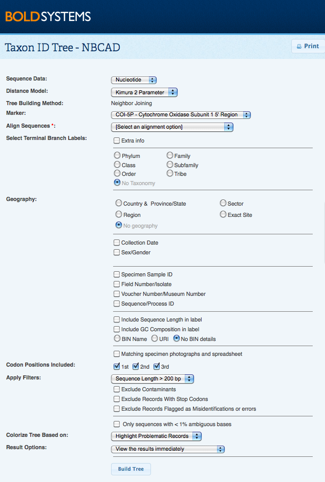 Taxon ID Tree Parameters